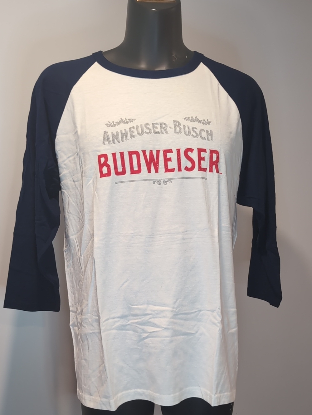 Budweiser White Baseball Tee with Navy Raglan Sleeves Large